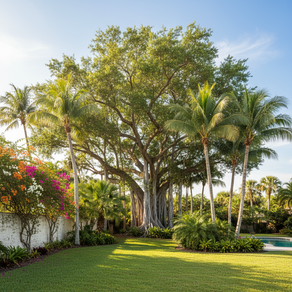 A large tree in a yard with a tropical Florida feel, such as palm trees or lush greenery, under bright sunshine